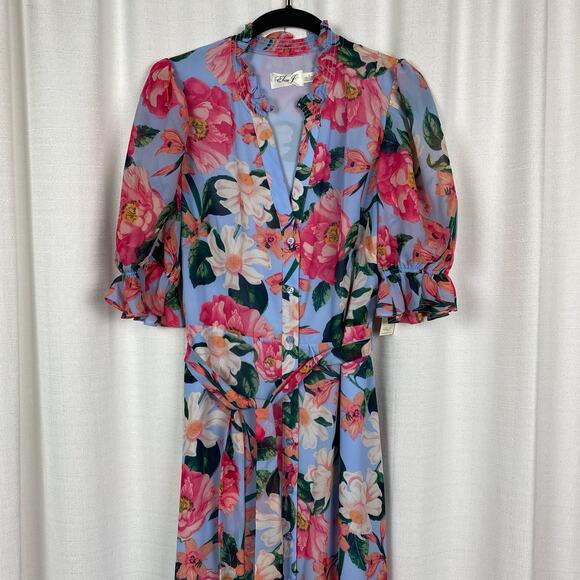 Eliza J Blue Floral Belted Maxi Shirt Dress Sz.4 NWT - Picture 6 of 16